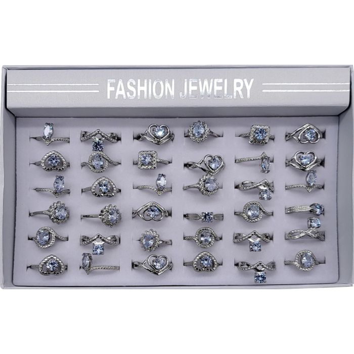 Silver Color Metal Cute Rings with Stones (Box of 36pcs)