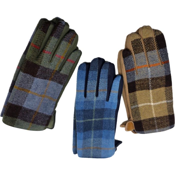 Mens Check Pattern Fabric Gloves (12Pcs)