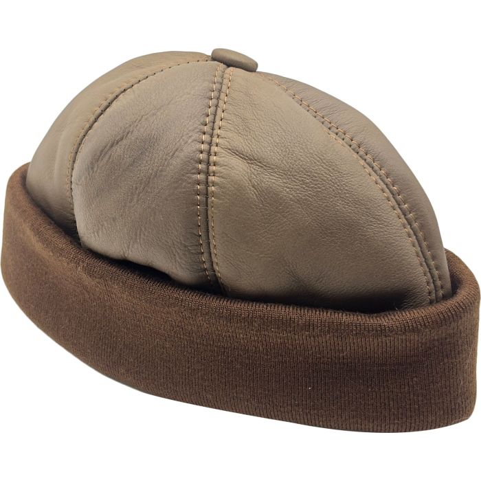 Leather Docker Hat with Rolled Cuff & Lining 