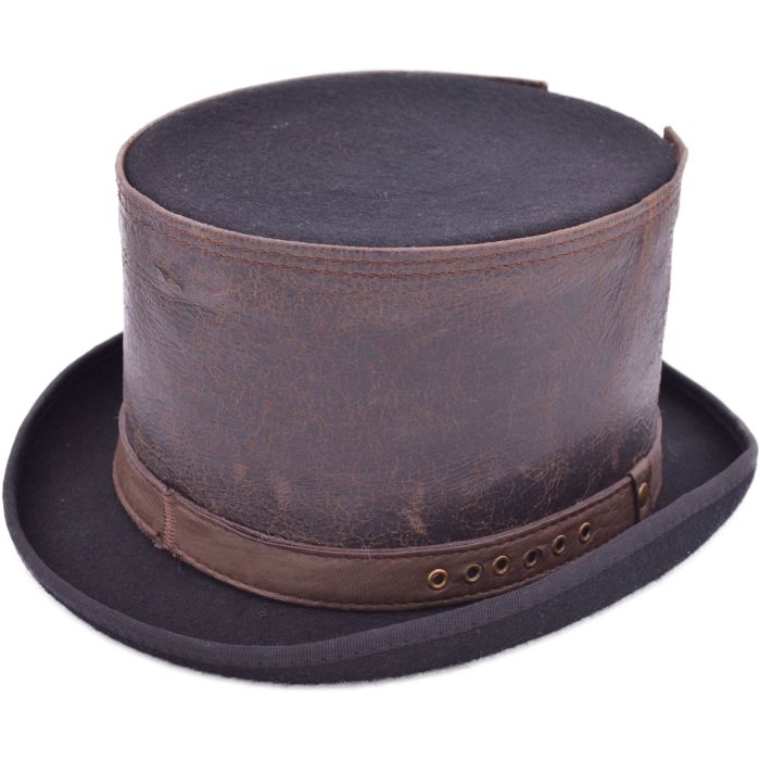 Leather Strapped Steampunk Black Top Hat