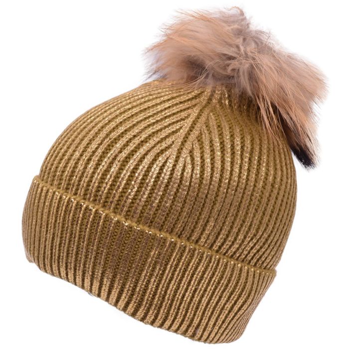 Gold & Silver Real Fur Pompom Beanie