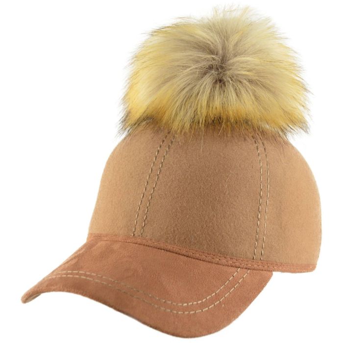 100% Wool Baseball Cap With Faux Fur Pompom