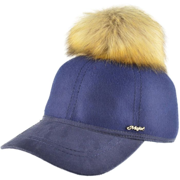 100% Wool Baseball Cap With Faux Fur Pompom