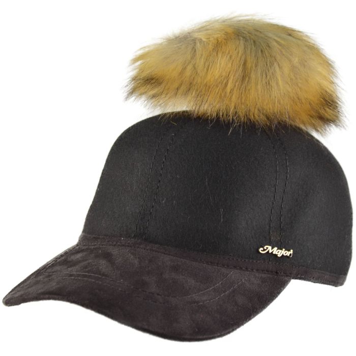 100% Wool Baseball Cap With Faux Fur Pompom
