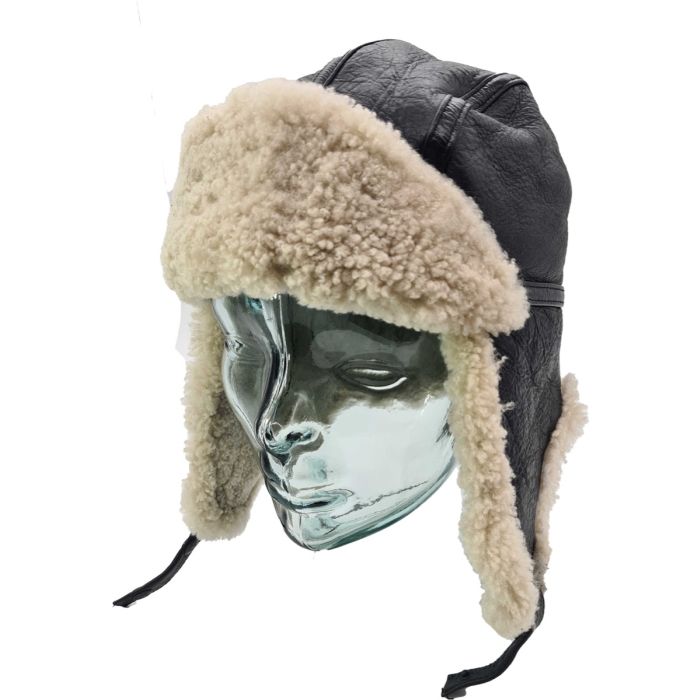 Genuine Leather Black Trapper Hat with White Fur