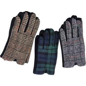 Mens Check Adjustable Fabric Gloves (12Pcs)