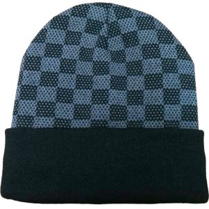Checked Knitted Beanie Hat - Navy