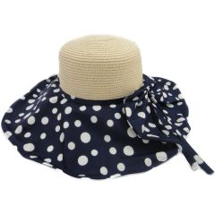Dotted Womens Wide Brim Summer Sun Hat - Navy Blue