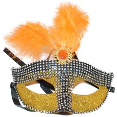 Feathered Venetian Masquerade Mask - Cultured Diamonds - Gold