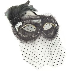 Veiled Feathered Masquerade Mask - Cultured Diamonds - Black