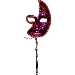 Full Face Venetian Masquerade Mask on Stick - Pink