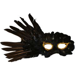 Large Feathered Venetian Masquerade Mask - Black