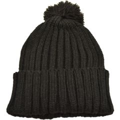 Knitted Beanie With Pompom - Black
