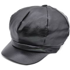 Black Faux Leather Newsboy Hat