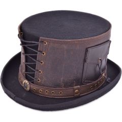 Leather Strapped Steampunk Black Top Hat