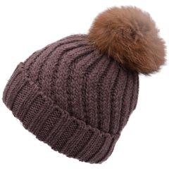 Real Fur Pompom Beanie - Brown