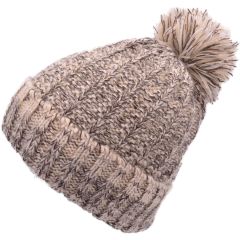 Knitted Beanie With Pompom - Beige