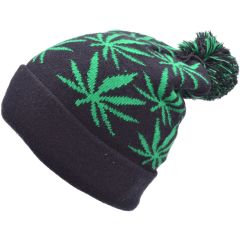 Marijuana Leaf Beanie With Pompom