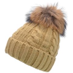 Faux Fur Pompom Beanie - Camel