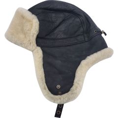 Genuine Leather Black Trapper Hat with White Fur